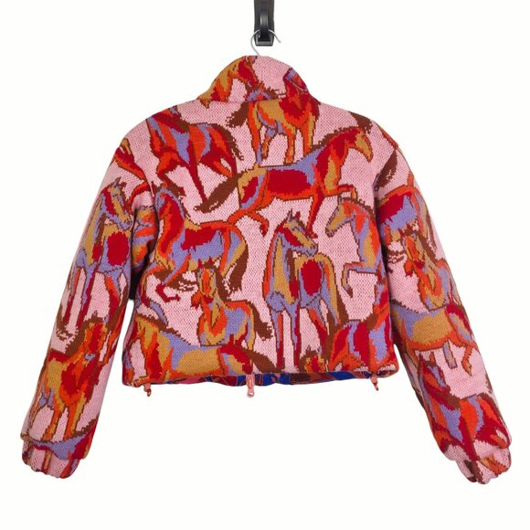Farm Rio Wild Horses Tricot Puffer Jacket Reversible Mushroom Multicolor Size XS - Picture 6 of 12